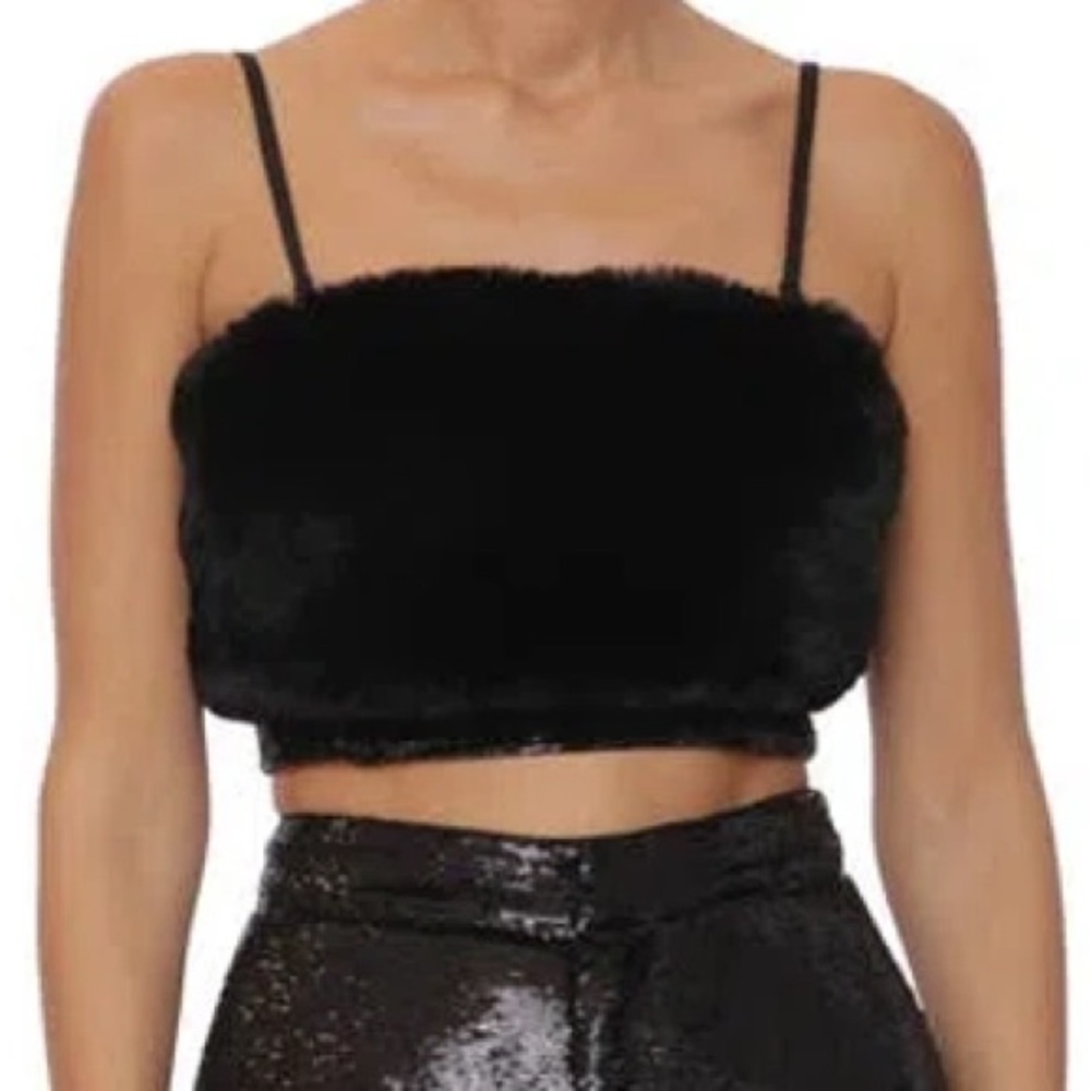 NEW Avec Les Filles Faux Fur Sequin Black Crop Top Women’s Size Small